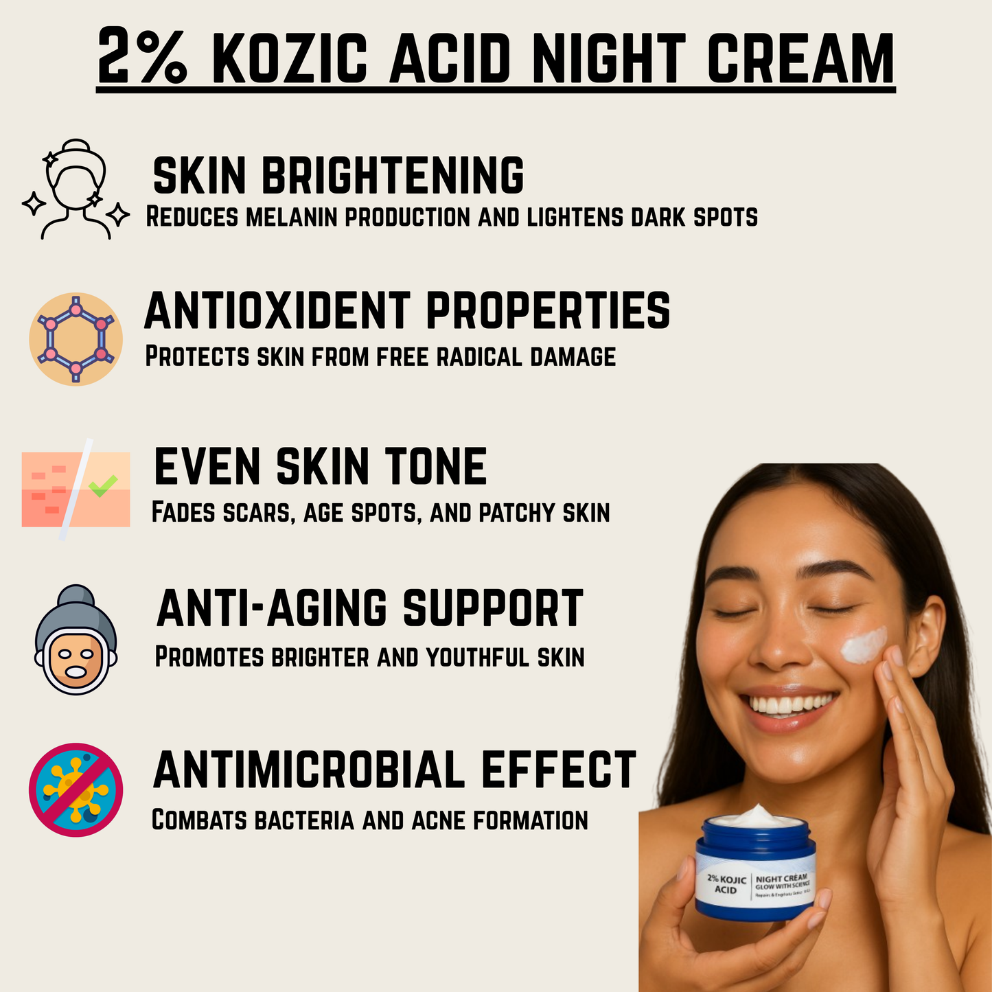 2% Kojic Acid Night Cream for Skin Brightening & Dark Spot Removal β 100ml